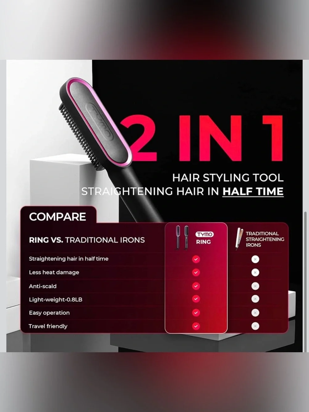 Hair Straightener Brush, TYMO Ring Hair Straightener Comb Straightening Brush